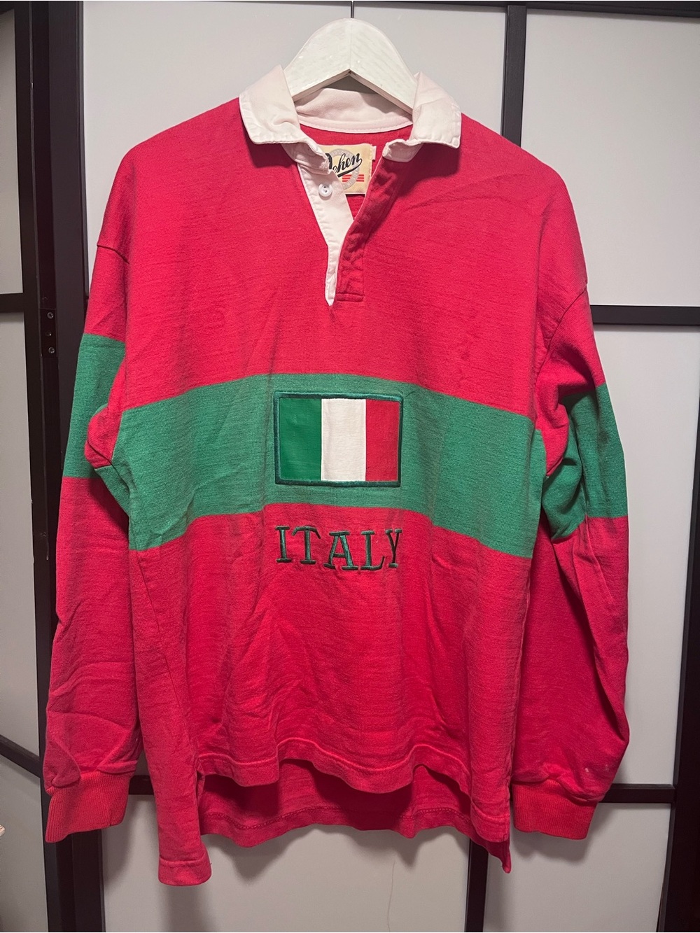 Vintage Dehen 1920 Italy Flag Rugby Shirt Long Sleeve Red Green Made in USA L